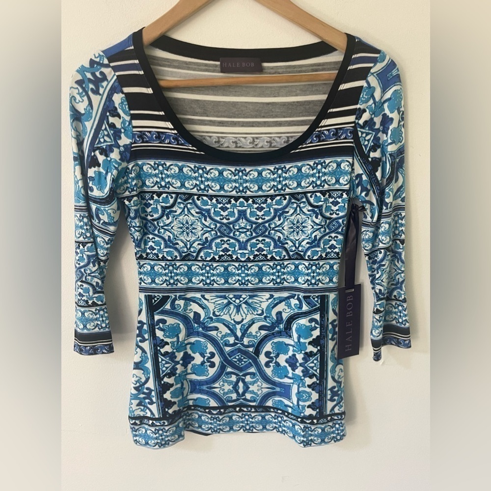 Hale Bob Womens Aqua Blue 3/4 Sleeve Tunic Knit Boho Aztec Cabana Top